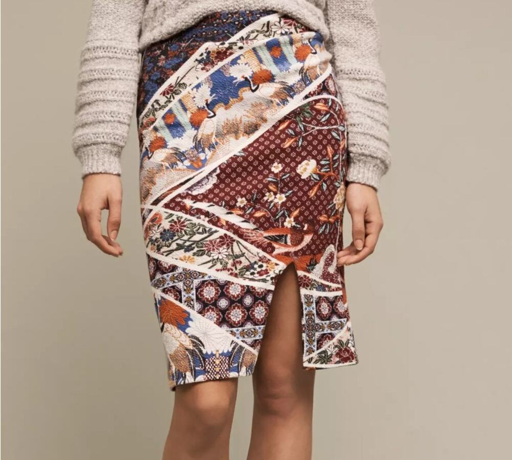 Anthropologie Maeve Vannia Asian Crane Patchwork Pencil Skirt Medium Slit